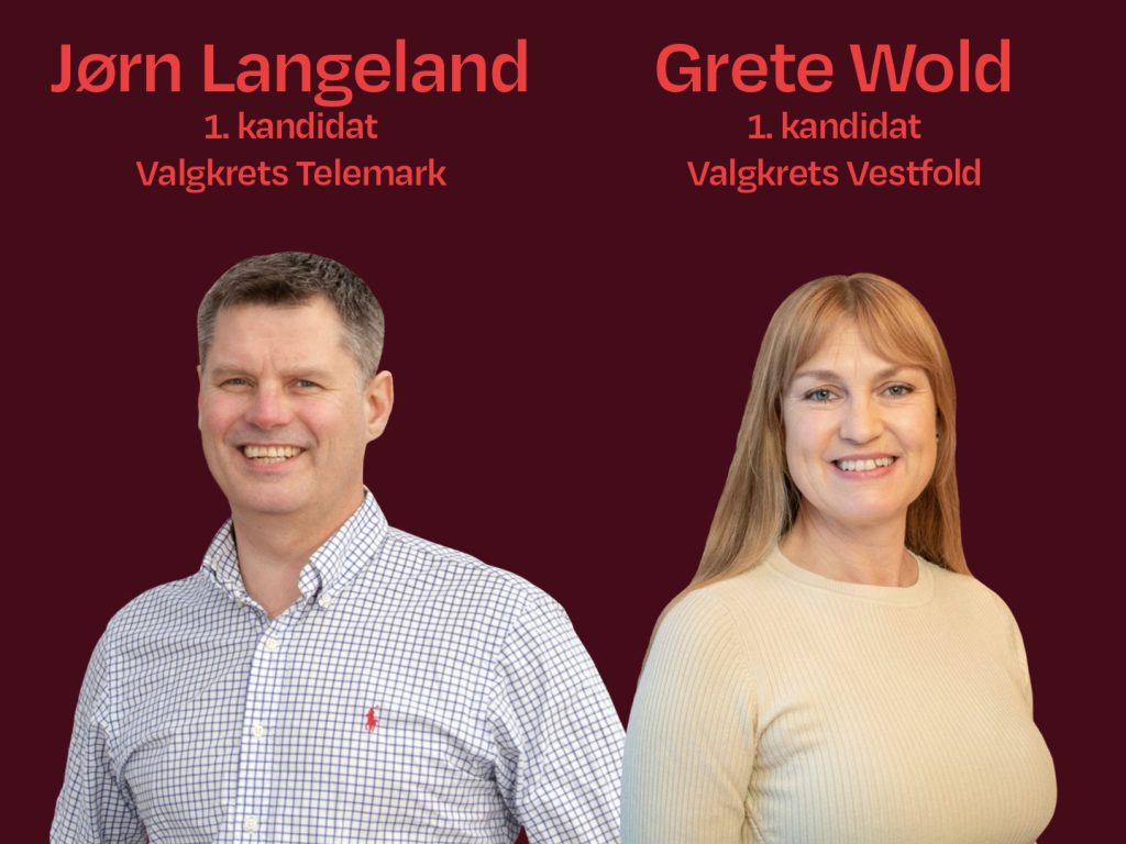 Jørn Langeland, 1. kandidat valgkrets Telemark og Grete Wold 1. kandidat Valgkrets vestfold. Grafikk og foto